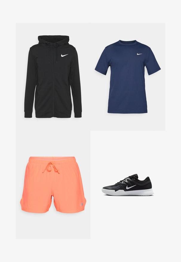 Zwarte rits hoodie van zachte stof, met een voorvak, verstelbare trekkoordkap en een wit Nike-logo op de borst.; Marineblauwe Nike t-shirt gemaakt van zachte stof, met korte mouwen, een ronde hals en een klein wit logo op de bovenste linkerkant van de borst.; Neon oranje sportshorts met een ademende meshstructuur, elastische tailleband met koord en zijzakken. Zilveren logo-opdruk aan de linkerkant.; Zwarte sportieve schoen met een gestructureerde bovenkant, witte Nike swoosh en een witte rubberen zool. Beschikt over een veterontwerp en een dynamische vorm.