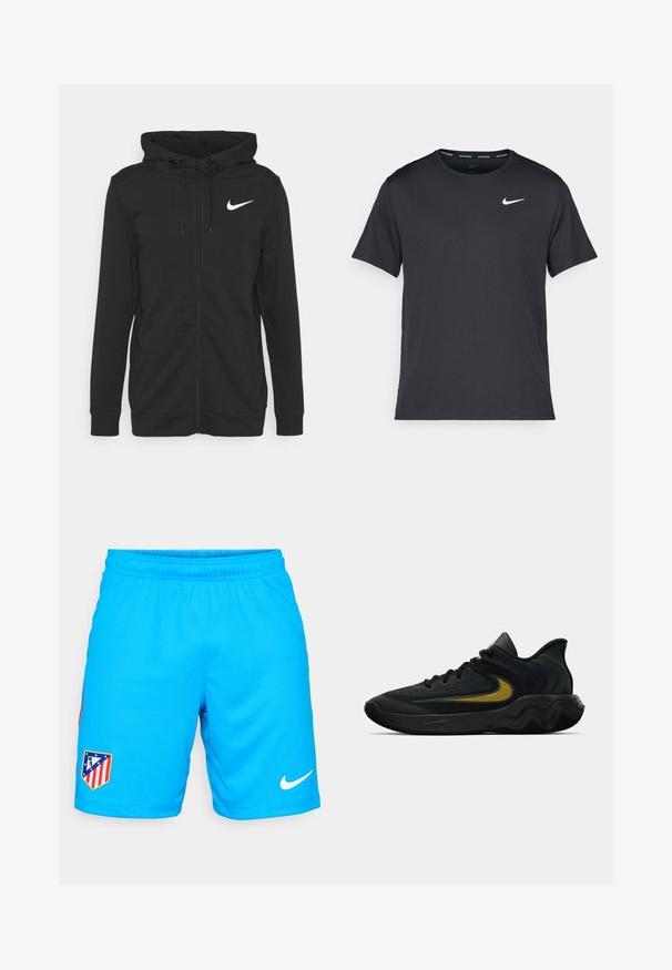 Felpa nera con zip realizzata in morbido tessuto, con tasca frontale, cappuccio regolabile con cordino e logo Nike bianco sul petto.; Maglietta da corsa Nike nera realizzata in materiale leggero e traspirante, con maniche corte e un piccolo logo bianco sul petto.; Pantaloni sportivi azzurri chiari realizzati in tessuto traspirante con una vita elastica, caratterizzati da una patch con il logo della squadra e un logo Nike bianco.; Scarpa da ginnastica nera e grigia scura con lacci neri e logo swoosh dorato, caratterizzata da un design della suola ondulato e un colletto del tallone imbottito.