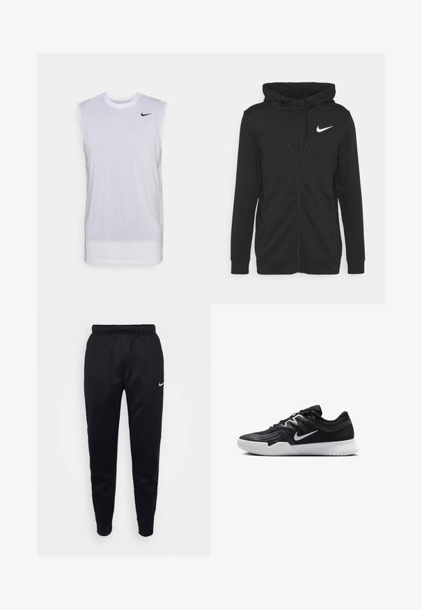 Zwarte rits hoodie van zachte stof, met een voorvak, verstelbare trekkoordkap en een wit Nike-logo op de borst.; Witte mouwloze sportshirt gemaakt van lichtgewicht materiaal. Heeft een ronde halslijn en een klein zwart Nike-logo aan de bovenlinkerkant.; Zwarte Nike joggers met elastische tailleband, taps toelopende benen en subtiele logo-accentuering. Gemaakt van een gladde stof met een eenvoudig ontwerp.; Zwarte sportieve schoen met een gestructureerde bovenkant, witte Nike swoosh en een witte rubberen zool. Beschikt over een veterontwerp en een dynamische vorm.