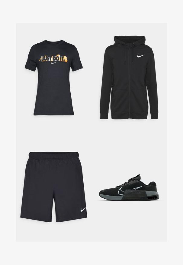 Zwarte rits hoodie van zachte stof, met een voorvak, verstelbare trekkoordkap en een wit Nike-logo op de borst.; Zwarte katoenen T-shirt met de tekst "JUST DO IT." in oranje en wit. Inclusief het Nike-logo in grijs. Korte mouwen, ronde hals.; Zwarte sportshorts gemaakt van lichtgewicht materiaal met een elastische tailleband. Voorzien van een klein wit Nike-logo aan de onderzijde aan de linkerkant.; Zwarte sportieve schoen met een bovenwerk van mesh, grijze accenten en een gestructureerde tussenzool. Voorzien van een opvallend logo en een vetersluiting. Rubberen buitenzool voor grip.