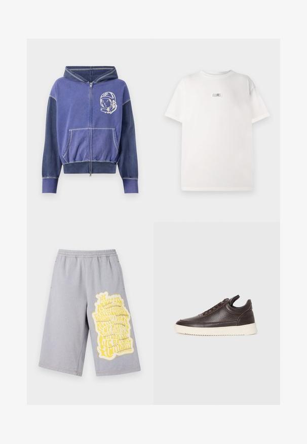 Violet zip-up džemperis su astronauto grafika, turintis kontrastingas tamsias rankoves, reguliuojamą kapučią ir priekinėmis kišenėmis.; Balta medvilninė marškinėlių su trumpomis rankovėmis, centre esantis mažas spausdintas ženklelis. Atsipalaidavusi forma ir švelni tekstūra.; Pilkos medvilninės šortai su elastinga juosta, su dideliu geltonu grafiniu spaudiniu ir nusidėvėjusiomis kraštinėmis kairėje kojoje.; Tamsiai rudas tekstūruotas odinis sportbačius su raišteliais ir baltu grioveliu ant gumos pado, pateiktas ant šviesaus fono.
