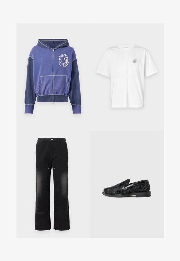 Paarse ritsshirt met een grafisch ontwerp van een astronaut, met contrasterende donkere mouwen, een capuchon met trekkoord en voorzakken.; Witte t-shirt van katoen met korte mouwen, een ronde hals, en een klein grijs logo op de linker borstzijde. Soepele textuur.; Evisu WORK PANT WITH KNEE PANELS AND DIACOCK INLAY - Relaxed fit jeans - black; Zwartegeweven instap schoenen met een glad leren accent aan de bovenkant, een ronde neusontwerp en een laag profiel rubberen zool.