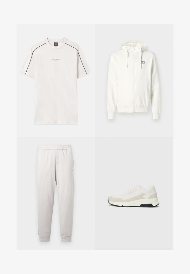 Valkoinen vetoketjuhuppari, joka on valmistettu pehmeästä kankaasta. Siinä on nyöritettävä huppu, elastiset hihansuut ja pieni logo painettuna rintaan.; Valkoinen t-paita puuvillasta, lyhyet hihat, pyöreä kaula-aukko, kontrastiväriset mustat ompeleet olkapäillä ja painettu logoteksti.; Vaaleanharmaat collegehousut, joissa on joustava vyötärö, sivutaskut, ribbed-hihansuut ja huomaamaton brändäys lahkeessa, valmistettu pehmeästä kankaasta.; Valkoinen ja béžé matala tenniskenkä, jossa on nauhakiristys edessä, musta pohja sekä "Armani Exchange" -logo sivussa ja pohjassa.