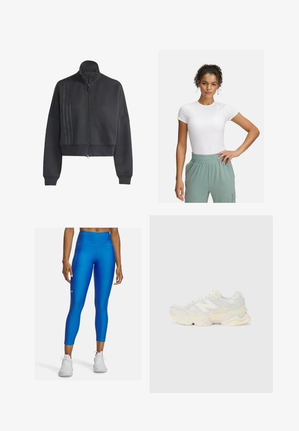 Cropped black zip-up sweatshirt made of soft fabric, featuring a high collar, ribbed cuffs, and three vertical stripes on one side.; White fitted t-shirt with short sleeves, paired with light green elastic waistband pants. Smooth texture, minimalist design, and no visible patterns.; Blue athletic leggings made of stretchy, smooth fabric with a high waistband and a small logo detailing on the left calf.; Lightweight sneaker featuring a mesh and suede upper in soft cream tones, with a chunky sole and three-dimensional accents.