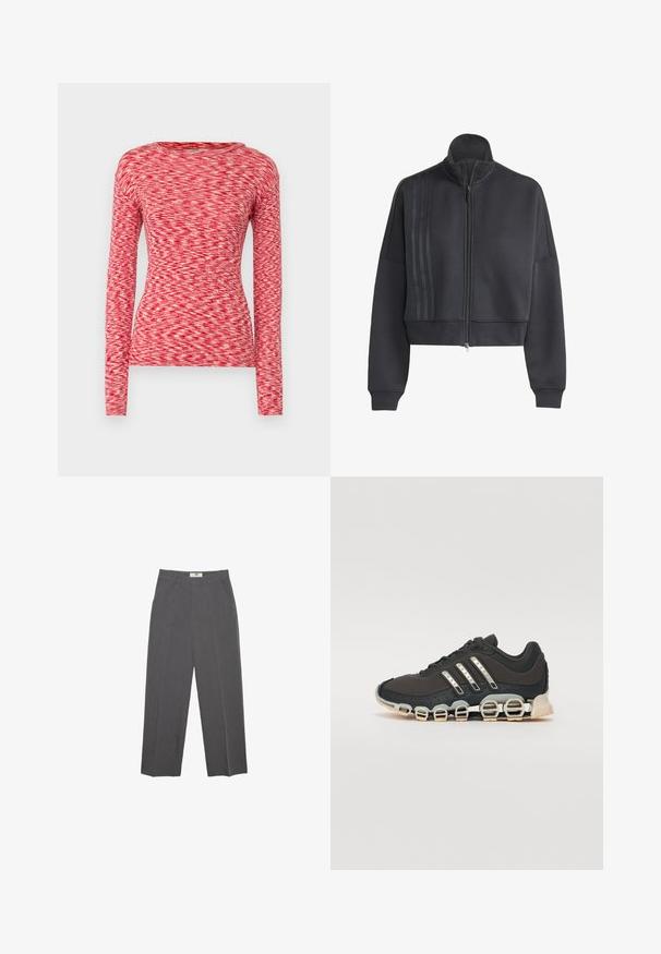 Cropped black zip-up sweatshirt made of soft fabric, featuring a high collar, ribbed cuffs, and three vertical stripes on one side.; Mads Nørgaard SPACE TUBA TEE - Long sleeved top - multi red; Gray straight-leg trousers made from textured fabric, featuring a mid-rise waist, belt loops, and side pockets. No visible patterns or accents.; Black athletic shoe with a textured upper, three silver stripes, and a distinctive cushioning sole featuring multiple integrated sections.