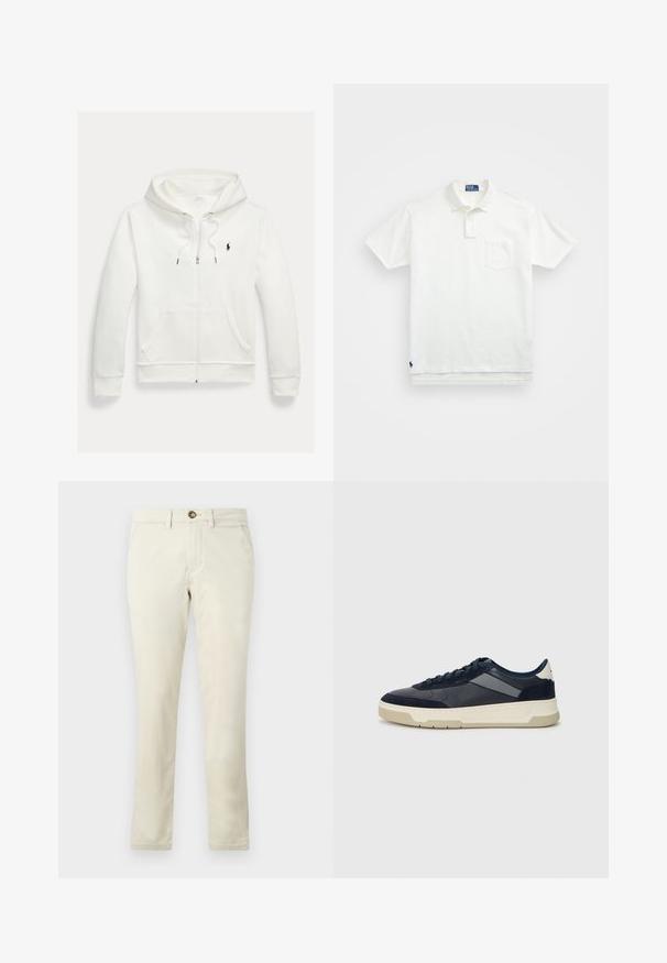 Bijela zip-up kapuljača od mekog materijala, s prednjim džepom, kapuljačom na vezanje i malim crnim logotipom na prsima.; Bijela polo majica napravljena od pamuka, s klasičnom ovratnikom, trodijelnim zakopčavanjem i džepom na lijevoj strani prsiju; mali logo na rubu.; Bež pamukove chino hlače s ravnim nogavicama, koje imaju prednje dugme za zatvaranje, dva bočna džepa i glatku, blago teksturiranu tkaninu.; BOSS BALTIMORE - Tenisice - open blue