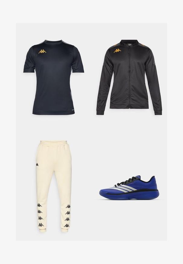 Črna športna jakna na zadrgo, izdelana iz gladkega blaga. Ima stojni ovratnik, dolge rokave in zlate logotipe na rameni.; Kratkoročeni športni majica v temni mornarski modri barvi z gladko teksturo, sivi stranski akcenti in zlatim logotipom na prsih.; Kremne hlače za šport z črnimi Kappa logotipi po obeh nogah in elastičnim pasom s vrvico.; adidas Performance ADIZERO SELECT 3.0 - Košarkarski copati - lucid blue/core black/metallic