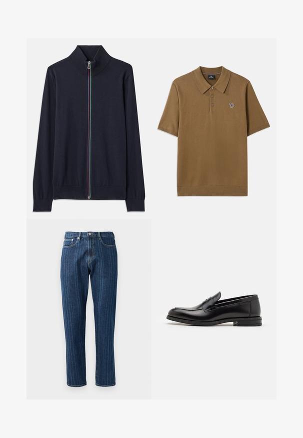 Tumesinine tõmblukkidega kardigan kõrge kraega, millel on mitmevärviline tõmblukk ja soonikud. Valmistatud pehmest kudumist.; Pruun polo-särk, mis on valmistatud pehmest materjalist, with allapoole käiv krae, kolme nööbiga ja väike mitmevärviline triibuline hobuse logo rinna peal.; Tumed sinise denimiga teksad sirge säärega, nähtava õmblusega, viie taskuga disain ja nööbiga sulgur vööl.; Mustad mustad nahast loafers sileda tekstuuriga, ümarat ninaosa ja dekoratiivne riba vampi üle. Madal kihiline konts, minimalistlik disain.