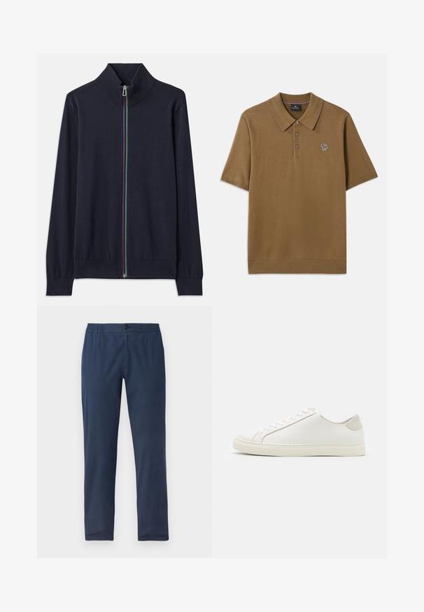 Cardigan zippé bleu marine avec un col haut, doté d'une fermeture éclair multicolore et de poignets côtelés. Fabriqué en matériau tricot doux.; Polo shirt marron en tissu doux avec un col rabattable, trois boutons et un petit logo de cheval rayé multicolore sur la poitrine.; Pantalons bleu marine au réglage décontracté, dotés d'une taille élastique, d'une fermeture à bouton et d'un tissu lisse avec une texture minimale.; Baskets en cuir blanc avec une surface lisse, bout rond et design minimaliste. Présentent des accents beiges sur le talon et une semelle en caoutchouc.