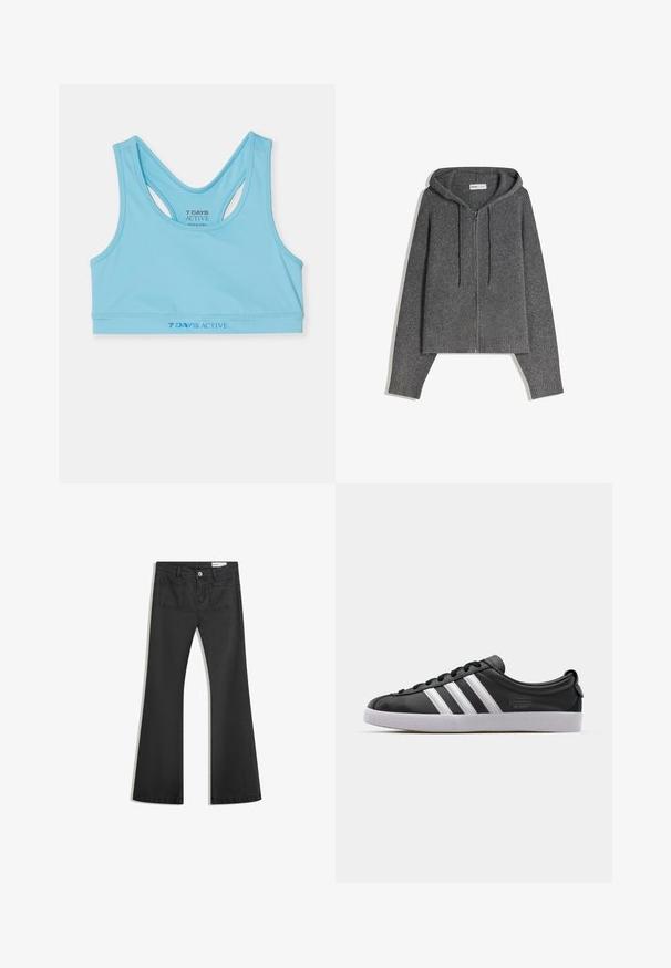 Felpa con zip di colore grigio scuro, lavorata a maglia, con maniche lunghe e lacci, dotata di polsini a costine e cappuccio.; Top corto atletico azzurro chiaro realizzato in tessuto liscio, con design a corsetto e logo in blu scuro in vita.; Jeans neri a campana realizzati in denim con una texture liscia, dotati di due tasche posteriori e chiusura con bottone in vita.; Sneaker in pelle nera con design a tre strisce bianche, punta arrotondata, suola piatta in gomma bianca e dettaglio del marchio sul lato.