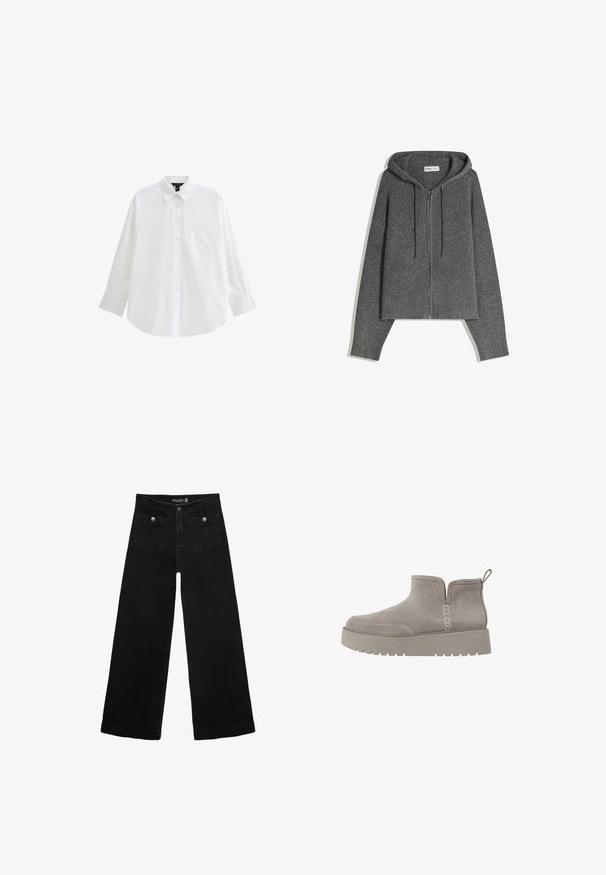 Dark gray knitted zip-up hoodie with long sleeves and drawstrings, featuring ribbed cuffs and a hood.; White long-sleeve button-up shirt, made of cotton, featuring a classic collar, a single chest pocket, and a relaxed fit.; Black wide-leg jeans with a high waist, featuring two front pockets and metal button accents. The fabric has a smooth texture.; Gray suede ankle boot with a low profile, elastic side panels, and a textured rubber sole. Features a pull tab for easy wear.