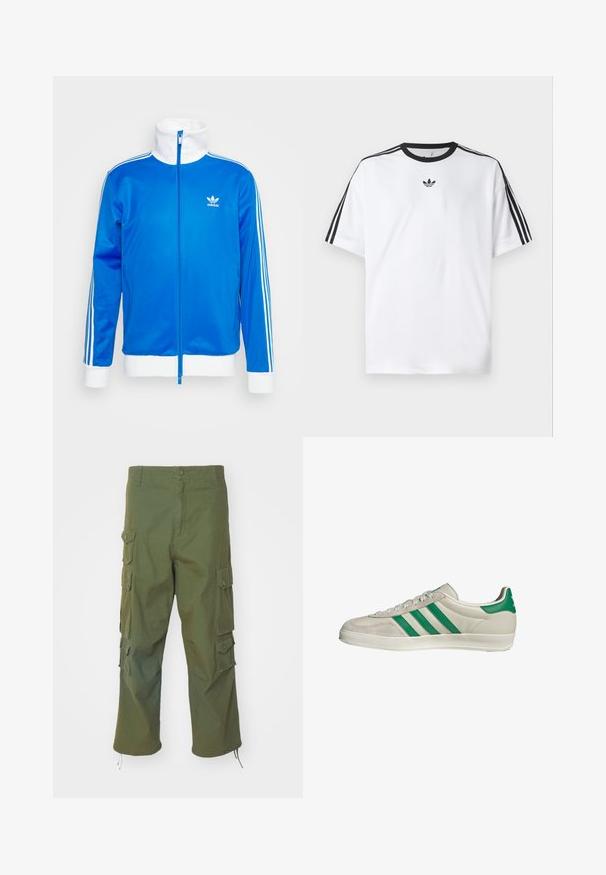adidas Originals Sweater met rits - blue bird/white; Witte T-shirt van katoen, met een zwarte ronde halslijn en drie zwarte strepen op elke schouder. Klein zwart logo op de borst.; Olijfgroene cargo-broek van katoen, met zijzakken, knoopsluiting, rechte pasvorm en verstelbare zomen voor een aanpasbare lengte.; Beige sneaker met groene strepen, voorzien van een witte zool en een bovenkant van glad leer. Zijaanzicht dat de veters en het logo benadrukt.