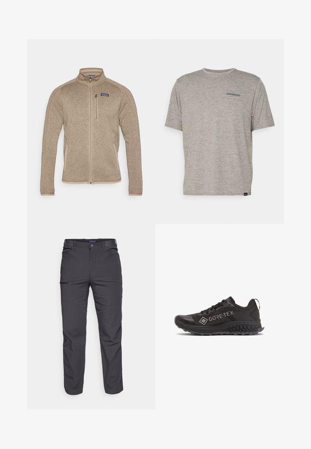 Fleecejack in tan met een hoge kraag en een volledige rits aan de voorkant. Voorzien van beige afwerking en een klein logo op de linkerkant van de borst. Textuurstof.; Grijze T-shirt met korte mouwen, gemaakt van zachte, gestructureerde stof, met een klein blauw Patagonia-logo op de linkerkant van de borst. Geen extra patronen.; Donkergrijze broek van duurzaam materiaal, met een ritssluiting zak, rechte snit en lussen voor een verstelbare pasvorm.; Zwarte Gore-Tex hardloopschoen met een hexagonaal patroon in de zool en een trekband aan de hiel, gezien vanuit de buitenkant.