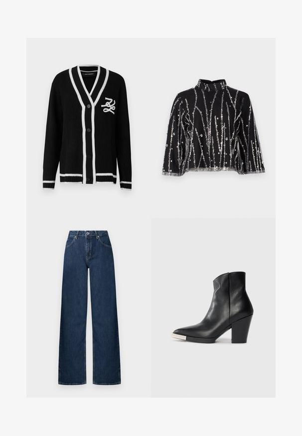 Melns adīts kardigans ar baltu apmali, pogām priekšpusē, garām piedurknēm un baltu izšūtu logotipu kreisajā krūtīs.; Melna īsā topiņa ar augstu kaklu, kurai ir sudraba mirdzošas vertikālas svītras, caurspīdīgas piedurknes un teksturēta auduma.; Plaša silueta džinsi tumši dzeltenā audumā. Ietver klasisku piecu kabatu dizainu, pogas aizdari un smalku izbalēšanu ceļgalos.; Melnas ādas potītes zābaki ar norādītu purngalu, augstu kvadrātveida papēdi un sudraba purngalu apdari. Gluda tekstūra un vienkāršs dizains.