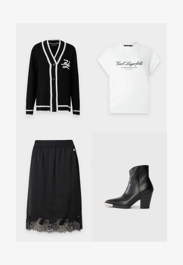 Black knitted cardigan with white trim, buttons down front, long sleeves, and white embroidered logo on left chest.; White short-sleeve t-shirt with black "Karl Lagerfeld 21 Rue St-Guillaume Paris" text printed on front, crew neck collar.; Black skirt featuring a soft fabric with a lace hem, designed with a gathered waistband and a gold logo accent.; Black leather ankle boot with a pointed toe, high block heel, and silver toe cap detail. Smooth texture and simple design.