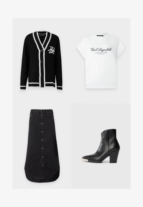 Svart stickad kofta med vit kant, knappar fram, långa ärmar och vit broderad logotyp på vänster bröst.; Vitt t-shirt med korta ärmar och svart text "Karl Lagerfeld 21 Rue St-Guillaume Paris" tryckt på framsidan, rund halsringning.; Svart denim midi kjol med knäppning framtill, rundad fåll, bälteshällor och framfickor.; Svart läder ankelsko med spetsig tå, hög blockklack och detaljer i silver på tån. Slät textur och enkel design.