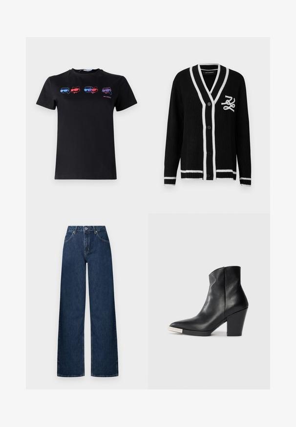 Cardigan negru tricotat cu margine albă, nasturi pe față, mâneci lungi și logo alb brodat pe pieptul stâng.; Tricou negru din bumbac, având patru modele grafice cu pisici purtând ochelari de soare în roșu și albastru. Mâneci scurte și gât rotund.; Blugi cu croială largă din denim închis la culoare. Prezintă un design clasic cu cinci buzunare, închidere cu nasturi și o decolorare subtilă la genunchi.; Botină de piele neagră până la gleznă, cu vârf ascuțit, toc înalt tip bloc și detaliu cu capac metalic argintiu. Textură netedă și design simplu.