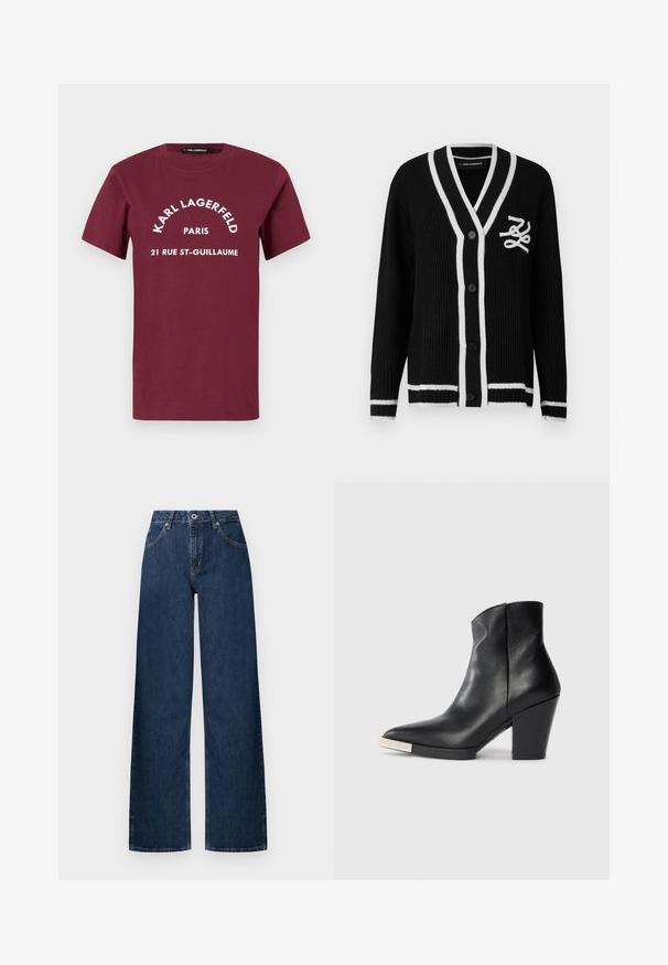 Musta neuletekoinen neuletakki, jossa valkoinen reuna, napit edessä, pitkät hihat ja vasemmassa rinnassa valkoisesti kirjailtu logo.; Bordeaux lyhythihainen T-paita, jossa on valkoisella tekstillä "KARL LAGERFELD PARIS 21 RUE ST-GUILLAUME" painettuna etuosan keskelle.; Tummasta denimistä valmistetut leveälahkeiset farkut. Niissä on klassinen viiden taskun malli, napillinen suljentaja ja hienovarainen haalistuma polvissa.; Mustat nahka nilkkurit, joissa on terävä varvas, korkea lohkarekorko ja hopeinen kärkitietue. Sujuva pinta ja yksinkertainen muotoilu.