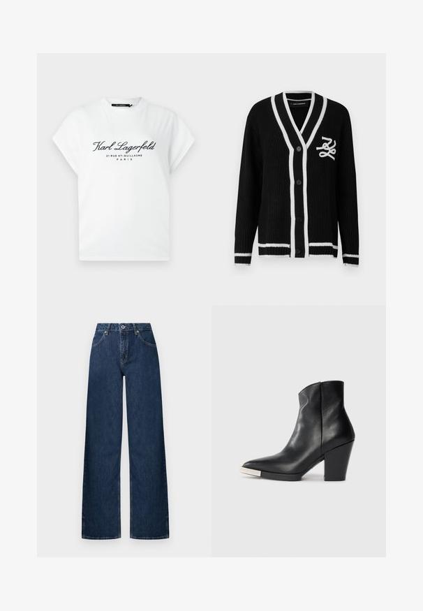 Cardigan negru tricotat cu margine albă, nasturi pe față, mâneci lungi și logo alb brodat pe pieptul stâng.; Tricou alb cu mânecă scurtă și text negru „Karl Lagerfeld 21 Rue St-Guillaume Paris” imprimat pe față, guler rotund.; Blugi cu croială largă din denim închis la culoare. Prezintă un design clasic cu cinci buzunare, închidere cu nasturi și o decolorare subtilă la genunchi.; Botină de piele neagră până la gleznă, cu vârf ascuțit, toc înalt tip bloc și detaliu cu capac metalic argintiu. Textură netedă și design simplu.