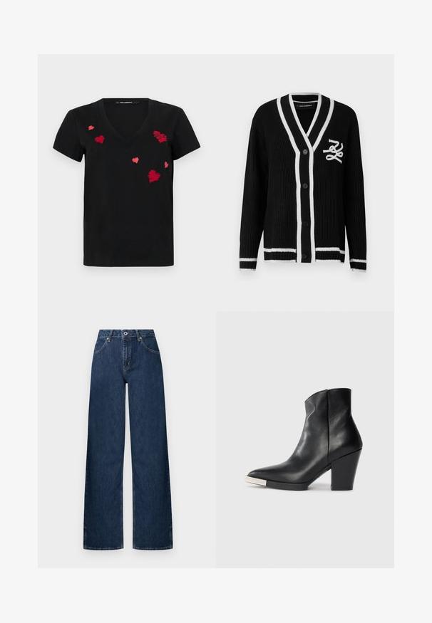 Melns adīts kardigans ar baltu apmali, pogām priekšpusē, garām piedurknēm un baltu izšūtu logotipu kreisajā krūtīs.; Melna kokvilnas T-kreklu ar V veida kakla izgriezumu un īsām piedurknēm, priekšpusē ar sarkaniem izšūtiem motīviem.; Plaša silueta džinsi tumši dzeltenā audumā. Ietver klasisku piecu kabatu dizainu, pogas aizdari un smalku izbalēšanu ceļgalos.; Melnas ādas potītes zābaki ar norādītu purngalu, augstu kvadrātveida papēdi un sudraba purngalu apdari. Gluda tekstūra un vienkāršs dizains.