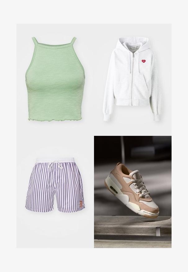 Svetlo siva zip-up majica s kapuljačom, s kenguruljom, rebrastim manžetama in rdečim srcem na levem prsnem delu. Mehka mešanica bombaža.; Zeleni rebrasti kratki top s tankimi naramnicami, ki ima valovit rob in teksturirano tkanino. Brez izstopajoče opreme ali vzorčnih elementov.; Moške kopalne hlače v beli barvi z vertikalnimi vijoličastimi črtami, elastični pas z vrvico in majhnim oranžnim vezenim logotipom na levi strani.; Bež in bela športna obutev z gladkim usnjem in semišem, ki ima oblazinjen jezik, sprednje vezanje ter vidno enoto zračnega blazinjenja.