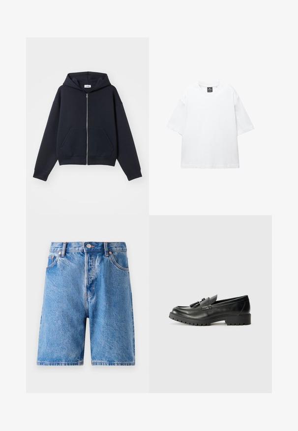 Navy hoodie met rits, gemaakt van zacht materiaal, voorzien van een voorzak, een capuchon en geribbelde manchetten, met een relaxte pasvorm en een minimalistisch ontwerp.; Witte t-shirt met korte mouwen van katoen, met een ronde hals en een relaxte fit met rechte zoom. Geen patronen of versieringen.; Leren denim shorts in lichtblauw met een vervaagde was. Bevat een klassiek vijf-pocket ontwerp, knoopsluiting en koperkleurige klinknagels.; Zwarte leren loafers met een ronde neus, opvallende stiksels en een gestructureerde rubberen zool. Bevat decoratieve hardware op de wreef.