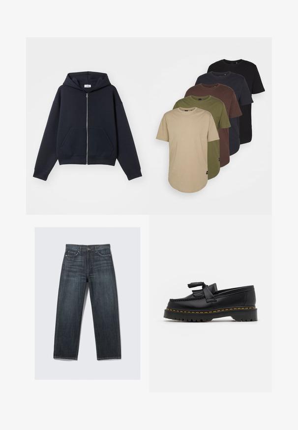 Navy ziphoodie i mjukt material, med ficka fram, huva och ribbad mudd, med avslappnad passform och minimal design.; Fem t-shirts ordnade i gradientfärger: beige, oliv, brun, mörkblå och svart. Gjorda av mjuk bomull med korta ärmar och rund hals.; Mörkblå denimjeans med rak ben, utrustade med fem fickor, knappstängning fram och subtila ljusningar på tyget.; Svart läderloafer med en tofsdetalj, med en kraftig svart sula och gul söm längs kanten. Strukturerad yta.