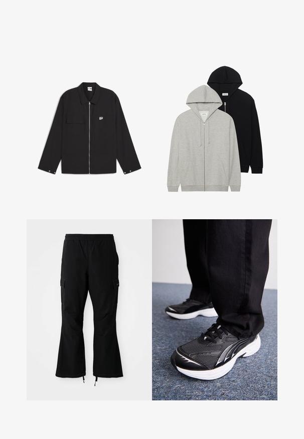 D dvě mikiny s kapucí: jedna šedá se zipem vpředu a klokankovými kapsami, druhá černá s zipem vpředu, obě vyrobené z měkké tkaniny.; Černá zipová bunda s límcem, dvěma předními kapsami a malou nášivkou na hrudi. Tkanina má hladkou texturu.; Černé cargo kalhoty s elastickým pasem, se bočními kapsami a rozšířenými nohavicemi se zipy na manžetách, vystavené na bílém pozadí.; Černé sportovní boty s síťovinou, bílou podrážkou a černými akcenty. Podešev má texturovaný vzor. Nosené s černými kalhotami na modrém kobercovém povrchu.