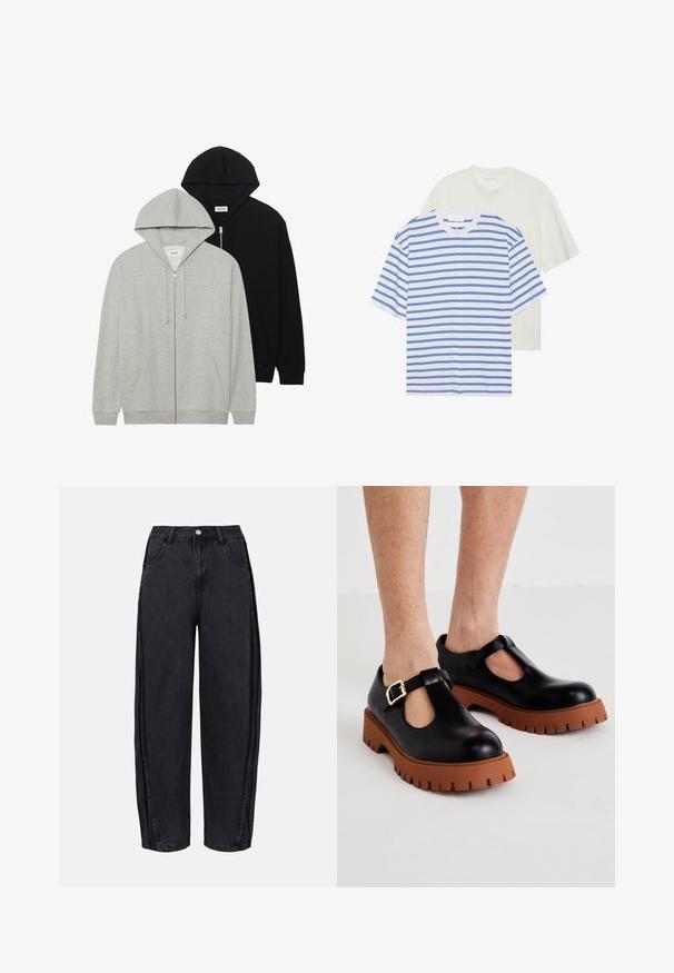 D dvě mikiny s kapucí: jedna šedá se zipem vpředu a klokankovými kapsami, druhá černá s zipem vpředu, obě vyrobené z měkké tkaniny.; Dvě trička s krátkým rukávem: jedno bílé s modrými pruhy a jedno v jednobarevné světle krémové barvě. Měkký bavlněný materiál, kulatý výstřih, volný střih.; Černé široké džíny vyrobené z denimu s hladkou texturou. Mají vysoký pas, přední kapsy a zapínání na knoflík v pase.; Černé kožené T-páskové boty s masivní hnědou podrážkou, vybavené sponou a designem zaoblené špičky. Je viditelná textura podrážky s vroubkováním.