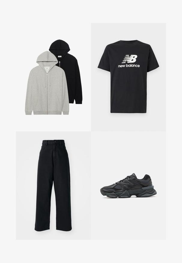 Two hooded sweatshirts: one grey with a zip front and kangaroo pockets, the other black with a zip front, both made of soft fabric.; Black cotton T-shirt featuring a white New Balance logo and graphic design on the front. Short sleeves and a crew neck.; Black high-waisted wide-leg jeans with front pockets and button closure, displayed against a plain white background.; Black running shoe featuring a mix of mesh and synthetic materials, chunky sole, curved design, and prominent branding on the side.