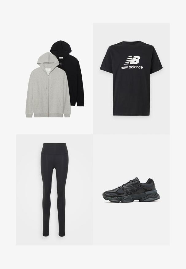 Két kapucnis pulóver: az egyik szürke, cipzáros elől, kenguruzsebekkel, a másik fekete, szintén cipzáros elöl, mindkettő puha anyagból készült.; Fekete pamut póló, fehér New Balance logóval és grafikai dizájnnal az elején. Rövid ujjú és kerek nyakú.; Fekete leggings rugalmas anyagból, magas derékkal, sima felülettel és testhezálló fazonnal. Nincsenek látható minták vagy fémalkatrészek.; Fekete futócipő, mely háló és szintetikus anyagok keverékéből készült, vastag talppal, ívelt kialakítással és hangsúlyos logóval az oldalon.
