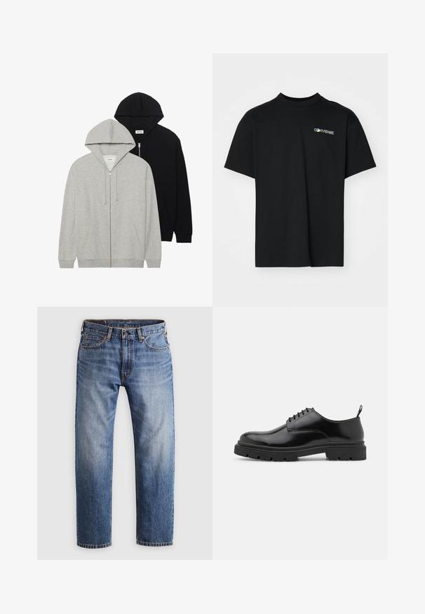 Duos džemperiai su gobtuvu: vienas pilkas su užtrauktuku priekyje ir kengūros kišenėmis, kitas juodas su užtrauktuku priekyje, abu pagaminti iš minkštos medžiagos.; Juodas trumpomis rankovėmis medvilninis marškinėlis su apvalia iškirpte ir spalvingu „Converse“ logotipu, siuvinėtu kairėje krūtinės pusėje.; Tiesios kojų mėlynos džinsinės kelnės su mygtuko ir užtrauktuko uždarymu, penkiomis kišenėmis ir oranžinėmis siūlėmis šviesiai pilkame fone.; Juodos odinės šlepetės su raišteliais, su suapvalintu pirštu, lygiu paviršiumi ir griūvančiu guminiu padu. Yra nedidelis kulniukas ir kilpa gale.