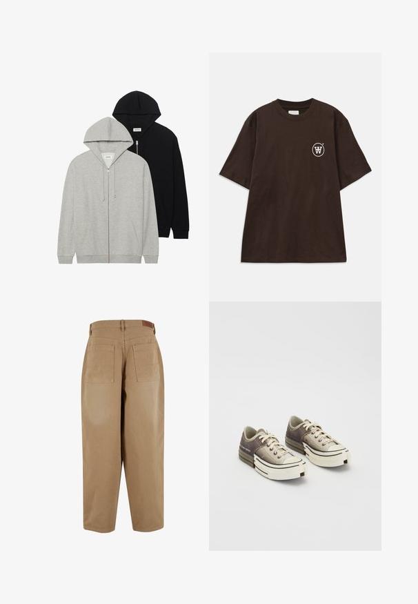 Kaksi hupparia: yksi harmaa, jossa on vetoketju edessä ja kengurupussit, ja toinen musta, jossa myös on vetoketju edessä, molemmat pehmeästä kankaasta.; T-paita tummanruskeana lyhyillä hihoilla, jossa on pieni valkoinen ympyrälogo, jossa on toisiinsa kietoutunut "W" vasemmalla rintamuksessa.; Valkoiset puuvillahousut löysällä istuvuudella, joissa on kaksi takataskua ja vyötunnus. Kankaan pinta on sileä ja yksityiskohtia on vähän.; Matala varren tennarit, jotka on valmistettu teksturoiduista harmaista ja beigen sävyistä materiaaleista, valkoisilla kumipohjilla, nauhoilla ja brändätyillä yksityiskohdilla sivussa.