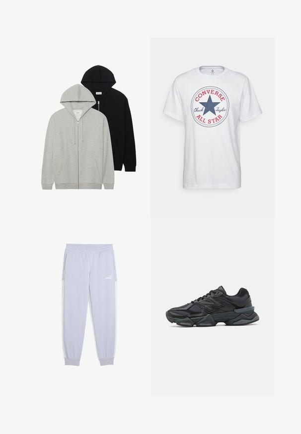 Two hooded sweatshirts: one grey with a zip front and kangaroo pockets, the other black with a zip front, both made of soft fabric.; White cotton t-shirt featuring a circular graphic with a blue star, red "CONVERSE," and "Chuck Taylor ALL STAR" text. Short sleeves, casual fit.; Light purple jogger pants made of soft material, featuring an elastic waistband, side pockets, and white stripe accents.; Black running shoe featuring a mix of mesh and synthetic materials, chunky sole, curved design, and prominent branding on the side.