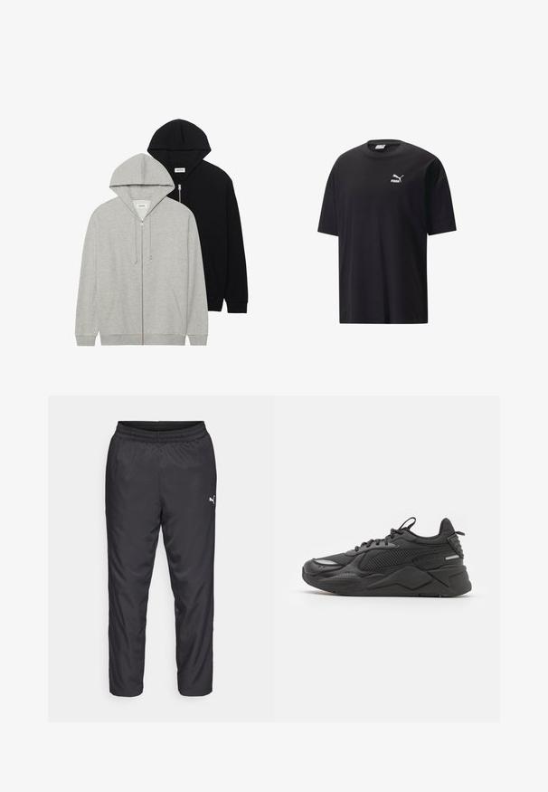 Divas kapucēm: viena pelēka ar rāvējslēdzēju priekšpusē un kangaroo kabatām, otra melna ar rāvējslēdzēju priekšpusē, abas izgatavotas no mīksta auduma.; Melna kokvilnas T-krekls ar īsām piedurknēm, apaļo kakla izgriezumu un baltu Puma logo uz krūts. Vienkāršs un bez rotājumiem dizains.; Melnas sporta bikses, kas izgatavotas no gluda, viegla materiāla. Iespējas ietver elastīgu jostu un mazu baltu logotipu kreisajā pusē.; Melnas kedas ar teksturētu augšdaļu, kas izgatavota no sieta un sintētiskajiem materiāliem, ar biezu zoli un atstarojošiem akcentiem redzamībai.