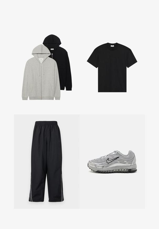 Dois sweatshirts com capuz: um cinza com fecho à frente e bolsos tipo canguro, o outro preto também com fecho à frente, ambos feitos de tecido suave.; T-shirt preta de manga curta feita de algodão. Apresenta um corte clássico de pescoço redondo e um ajuste descontraído, sem padrões ou detalhes visíveis.; Calças pretas leves, feitas de nylon, com um cós elástico, apresentando riscas brancas nas laterais e um corte solto e cropped.; Sapatilhas Nike Air Max cinzas com um upper em malha e sintético, design em forma de onda, acentos em preto e uma unidade de amortecimento de ar visível.