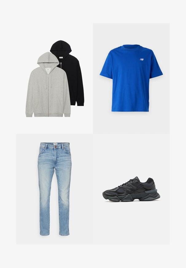 Dois sweatshirts com capuz: um cinza com fecho à frente e bolsos tipo canguro, o outro preto também com fecho à frente, ambos feitos de tecido suave.; T-shirt de algodão azul com decote redondo e mangas curtas. Apresenta um pequeno logotipo branco "NB" no peito. Design simples, sem padrões.; Jeans de denim azul claro com um corte ajustado, apresentando um fecho frontal com botão, passadores para cinto e desvios subtis ao longo das pernas. Sem estampados ou enfeites.; Sapato de corrida preto com uma combinação de malha e materiais sintéticos, sola robusta, design curvado e uma marca de destaque na lateral.
