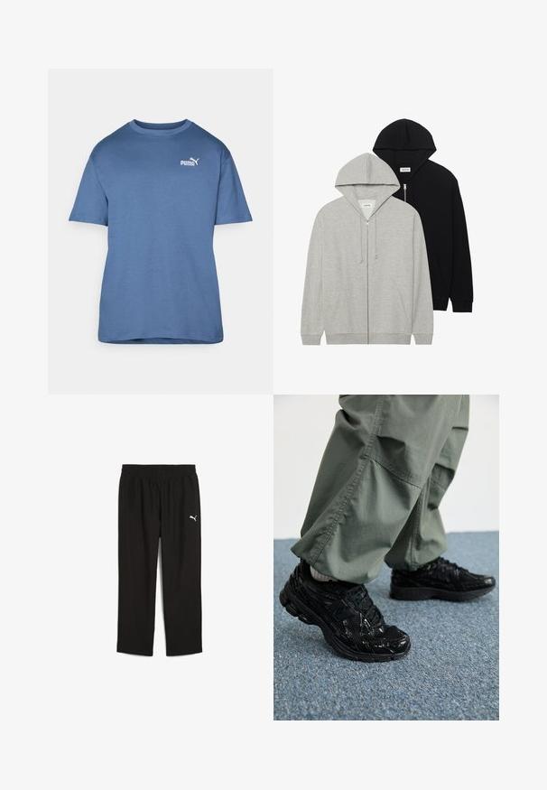 Dos sudaderas con capucha: una gris con cremallera frontal y bolsillos tipo canguro, la otra negra con cremallera frontal, ambas hechas de un tejido suave.; Camiseta de algodón azul con mangas cortas, cuello redondo y un logo blanco de Puma en el lado izquierdo del pecho. Diseño simple, textura suave.; Pantalones deportivos negros con cintura elástica, fabricados en material ligero. Presentan un pequeño logo de Puma en blanco en el lado izquierdo.; Zapatillas deportivas negras con texturas brillantes y de malla, que presentan una suela gruesa y cordones, combinadas con pantalones cargo holgados de color verde oliva.