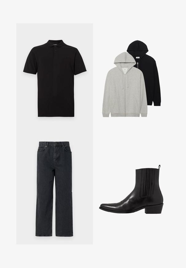 Δύο φούτερ με κουκούλα: το ένα γκρι με μπροστινό φερμουάρ και τσέπες καγκουρό, το άλλο μαύρο με μπροστινό φερμουάρ, και τα δύο από μαλακό ύφασμα.; Μαύρο polo μπλούζα από βαμβάκι, με κλασικό γιακά, τρία κουμπιά και μια μικρή λεπτομέρεια λογότυπου στο στήθος.; Σκούρο μπλε τζιν παντελόνι με φαρδύ πόδι, σχέδιο πέντε τσεπών και κλείσιμο με κουμπί. Περιλαμβάνει χάλκινες λεπτομέρειες και διακριτή υφή.; Μαύρη δερμάτινη ankle boot με μυτερή μύτη, ελαστικές πλαϊνές πάνελ, κάθετες ραφές και χαμηλό τακούνι σε σχήμα μπλοκ.