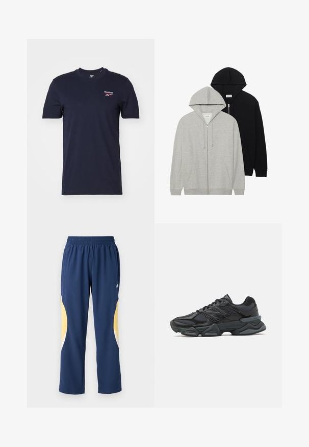 D dvě mikiny s kapucí: jedna šedá se zipem vpředu a klokankovými kapsami, druhá černá s zipem vpředu, obě vyrobené z měkké tkaniny.; Námořnická modrá tričko s krátkým rukávem vyrobené z bavlny, se malým logem Reebok v bílé a červené barvě na levém prsu. Klasický kulatý výstřih.; Námořnické modré sportovní kalhoty s elastickým pasem. Mají žluté a bílé zakřivené detaily na bocích. Měkká, hladká tkanina.; Černá běžecká bota s kombinací síťoviny a syntetických materiálů, masivní podešev, zakřivený design a výrazné logo na boku.