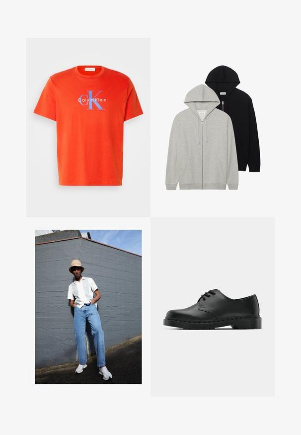 Dve kapuce: ena siva z zadrgo in kenguru žepi, druga črna z zadrgo, obe iz mehkega materiala.; Rdeča bombažna majica s kratkimi rokavi, ki na sprednji strani vsebuje modro logo "Calvin Klein" in dizajn "CK". Preprosto okroglo ovratnik.; Kratka bela majica s svetlo sivočrtami, modri jeans in bele superge, postavljeni ob sivo steno pod jasnim modrim nebom.; Črne usnjene oksford čevlje z vezalkami, zaobljenim prstom, ravnim gumijastim podplatom in diskretnim šivanjem po zgornjem delu.