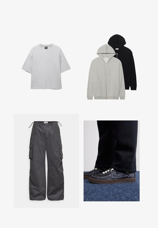 Két kapucnis pulóver: az egyik szürke, cipzáros elől, kenguruzsebekkel, a másik fekete, szintén cipzáros elöl, mindkettő puha anyagból készült.; Világosszürke, oversized pamutkeverék póló, lekerekített nyakkivágással és rövid, széles ujjakkal. Egyszerű dizájn, minta nélkül.; Szürke cargo nadrág, texturált anyagból készült, rugalmas derékrésszel, zsinórral és oldalsó zsebekkel. Laza szabású, széles lábakkal.; Nike Sportswear KILLSHOT 2 LTR PRM OPP2 - Sportcipő - black sail baroque brown mtlc dk grey