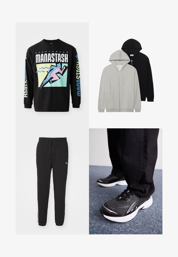 Zwei Kapuzenpullover: einer in Grau mit Reißverschluss und Kängurutaschen, der andere in Schwarz mit Reißverschluss, beide aus weichem Stoff.; Schwarzes Langarm-T-Shirt mit grafischem Design, das einen Läufer in Pink, geometrischen Formen und Text in Weiß und Blau zeigt, aus Baumwolle gefertigt.; Schwarze Jogginghosen aus weichem Stoff, mit einem elastischen Bund mit Kordelzug, schmal geschnitten und weißen Seitenstreifen. Logo auf der Hüfte gedruckt.; Schwarze Sportschuhe aus Netzstoff, weiße Sohle und schwarze Akzente. Die Sohle hat ein strukturiertes Profil. Tragen zu schwarzen Hosen auf einem blauen Teppichboden.