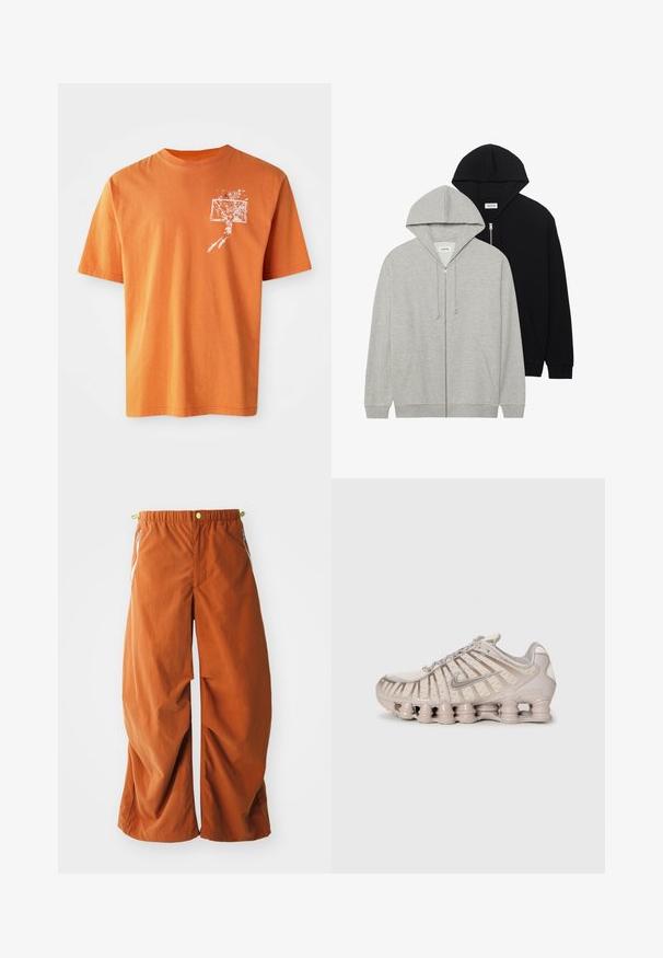 Divas kapucēm: viena pelēka ar rāvējslēdzēju priekšpusē un kangaroo kabatām, otra melna ar rāvējslēdzēju priekšpusē, abas izgatavotas no mīksta auduma.; Oranžs kokvilnas T-krekls ar īsām piedurknēm, uz kura kreisajā krūtī ir balta grafika ar basketbola spēlētāju un grozu.; Oranžas plata kāju bikses ar elastīgu jostasvietu, sānu rāvējslēdzēja kabatām un brīvu, teksturētu audumu, kas izstrādāts ērtībai un kustībai.; Gaišbeidzs sporta apavi ar tīkla virsu, strukturētu dizainu un izteiksmīgu mīkstinātāju, kuram ir cilindriski elementi.
