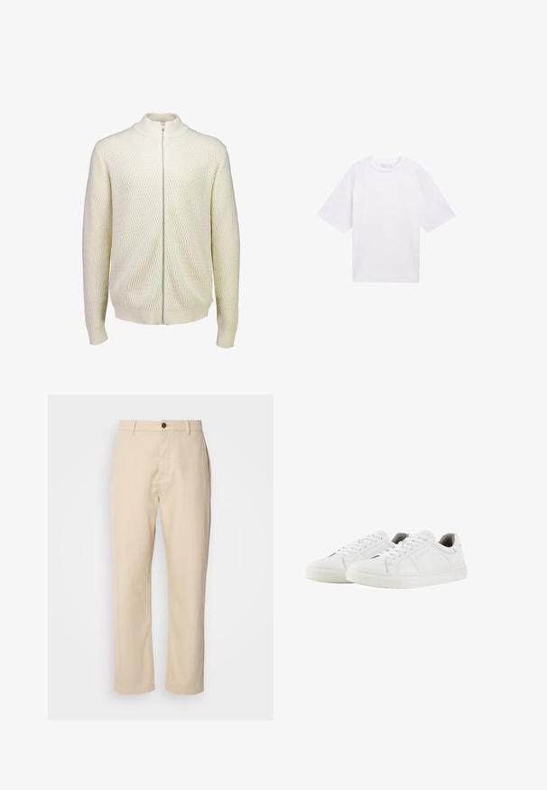 Cremefarbener, gestrickter Zip-Hoodie mit hohem Kragen und strukturiertem Rautenmuster auf der Vorderseite und den Ärmeln.; Weißes kurzärmliges T-Shirt aus Baumwolle. Lockere Passform mit Rundhalsausschnitt. Glatte Textur ohne sichtbare Muster oder Akzente.; Beige Baumwollhosen mit geraden Beinen, einem Knopfverschluss vorne, Seitentaschen und einer glatten Textur. Minimalistisches Design, ohne sichtbare Muster.; Weiße Sneakers mit einer glatten Lederaussenseite, runder Zehenpartie, flachen Schnürsenkeln und einer strukturierten Gummisohle. Minimalistisches Design mit dezenten Nähten.