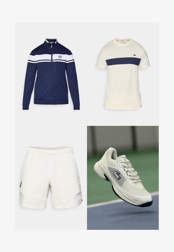 Veste zippée navy avec des rayures blanches sur la poitrine. Dotée d'un col montant, de poches latérales et d'un logo près du col. Tissu lisse.; T-shirt Lacoste crème et marine avec un col rond, des manches courtes et un bloc de couleurs horizontal. Présente un logo crocodile vert.; Shorts de sport beige clair avec une taille élastique, des poches latérales et un logo noir subtil sur le côté gauche. Texture de tissu lisse.; Baskets de sport blanches avec une tige en maille, accents noirs, semelle texturée et logo proéminent sur le côté, présentées sur un fond de terrain de sport.