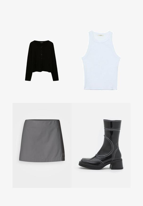 Cardigan noir court avec des manches longues, un col rond et des boutonnières sur le devant. Fabriqué en tissu tricoté texturé.; Débardeur blanc, texture côtelée, encolure ronde, design sans manches, forme ajustée, marque discrète sur l'étiquette à l'intérieur du col.; Jupe grise fabriquée en tissu léger et lisse ; elle présente une coupe droite avec un ourlet net et une étiquette de marque subtile sur le côté.; Bottine en cuir verni noir avec des coutures blanches, bout arrondi et talon carré. Présente des lignes de design courbées et une texture lisse.