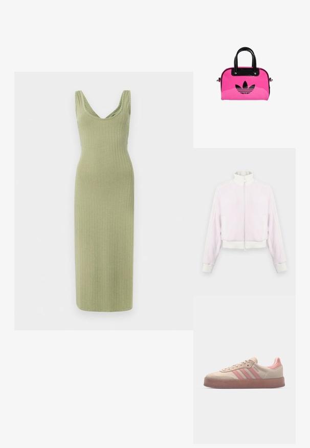 Šviesiai rožinė korduroy medžiagos zip-up striukė, su baltais juosteliais ir apykakle. Su šoninėmis kišenėmis ir dryžuotu akcentu per petis.; Ribota, ilga, alyvuogių spalvos suknelė su V formos iškirpte ir plačiomis petnešomis, turinti prigludusią formą ir minkštą tekstūrą.; Šviesiai rudos zomšinės sportbačiai su šviesiai rožinėmis detalėmis, tekstūruotas guminis padas, ir trys rožinės juostelės šone. Suapvalintas pirštas ir raištelių užsegimo dizainas.; Rausvos patentinės rankinės su juodu logo ir rankenomis, suapvalinta forma ir užtrauktuku uždarymu. Blizgi tekstūra pagerina matomumą.