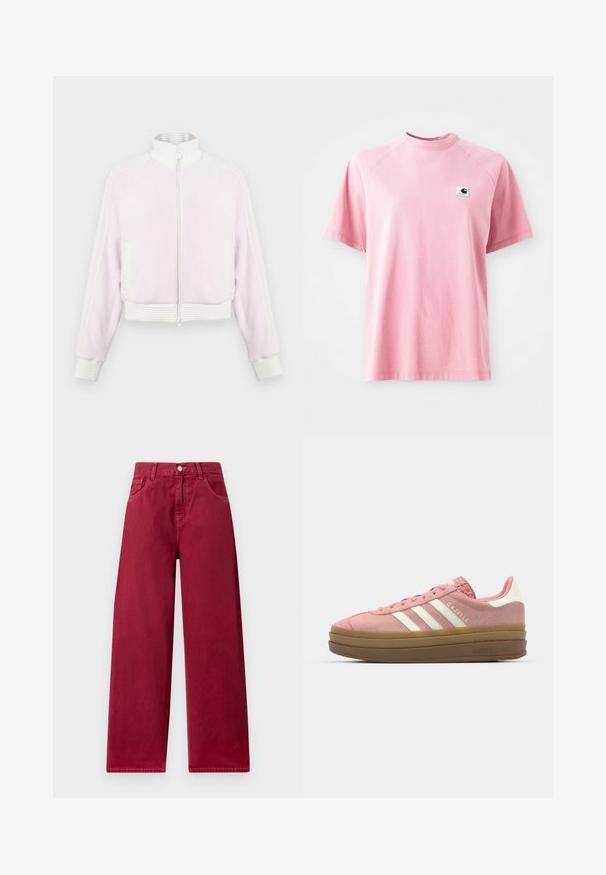 Svetloružová zamatová bundy na zips s bielymi rebrovanými akcentmi a golierom. Obsahuje bočné vrecká a pruhované detaily pozdĺž ramien.; Ružové bavlnené tričko s okrúhlym výstrihom a krátkymi rukávmi. Na ľavej strane hrudníka sa nachádza malá štvorcová nášivka s logom. Hladký povrch.; Široké nohavice v hlbokej burgundskej farbe, vyrobené zo silného denimu, s prednými vreckami a zapínaním na gombík v páse.; adidas Originals GAZELLE BOLD - Tenisky - mauve/off white