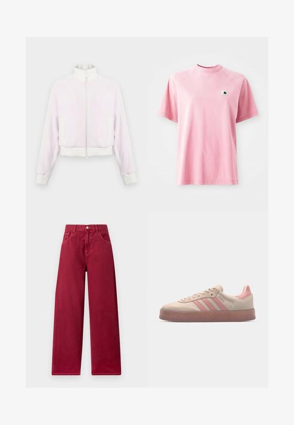 Svetlo roza kordurojeva zip-up jakna z belimi rebrastimi akcenti in ovratnikom. Ima stranske žepke in črtaste detajle ob ramenskem delu.; Roza bombažna majica s krojem in kratkimi rokavi. Ima majhen kvadratni znak na levi strani prsi. Gladka tekstura.; Hlače širokih nogavic v globoki burgundski barvi, izdelane iz trpežnega denima, z sprednjimi žepi in gumbom za zapiranje na pasu.; Bež svetleče teniske z rožnatimi detajli, teksturiran gumijast podplat in tri rožnate črte ob strani. Okrogla konica in zasnova z vezalkami.
